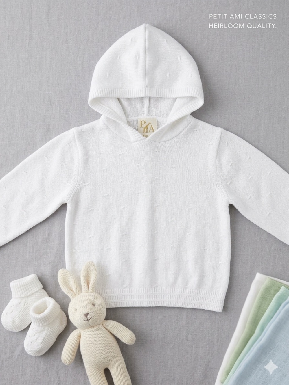 Petit Ami Classics Heirloom Seed-Stitch Baby Hoodie White Split Back Knit 0-3 Mo
